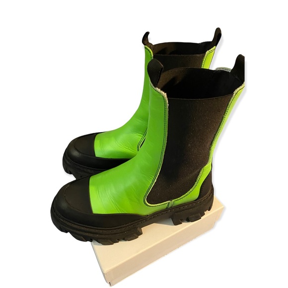Like NEW Ganni Calf Leather Mid Chelsea Boot Neon Lime Green Chunky Lug … - Picture 8 of 9